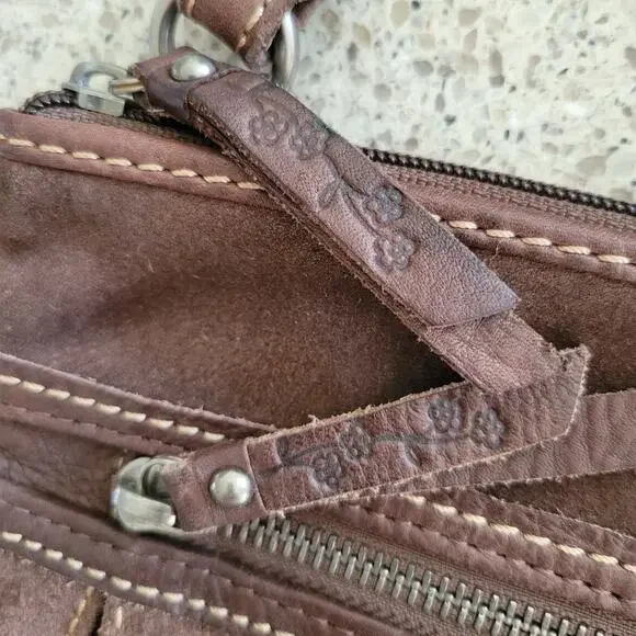 Fossil Brown Leather Suede Crossbody Bag Floral Stud Grommet Applique Full Zip - Picture 7 of 15